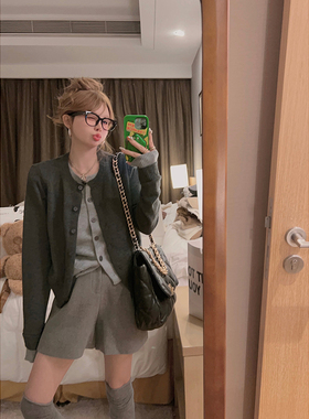 Yukiss 灰色假两件针织开衫毛衣女秋季圆领修身百搭miu系羊毛上衣