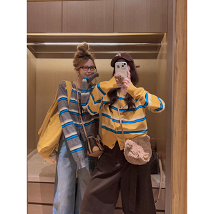 女秋韩系宽松遮肉时髦打底衫 复古条纹针织衫 上衣 黄色长袖 Yukiss