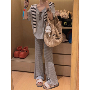 女夏韩系小个子宽松显瘦长裤 Yukiss 复古条纹高腰直筒微喇休闲裤