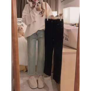 女冬韩系小个子九分裤 Yukiss 复古浅蓝色加绒高腰直筒牛仔烟管裤