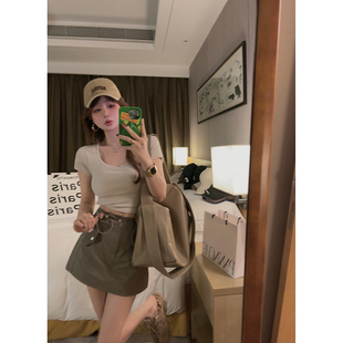 一体杯胸垫 短款 薄款 搭工装 打底 修身 裙绝了 T恤 Yukiss U领短袖