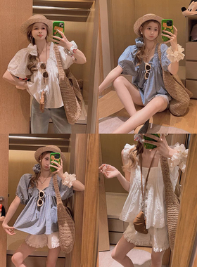 Yukiss 蓝白格子泡泡袖短袖V领套头衬衫娃娃衫女夏韩系宽松小衫