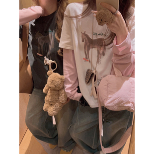 Yukiss【马上来财！假两件拼接/撞色小马印花长袖T恤】