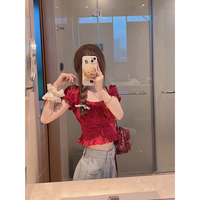 花边方领短袖泡泡袖衬衫娃娃衫