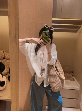 Yukiss 老钱风天丝亚麻白色蕾丝拼接衬衫女夏韩系宽松薄款防晒衫