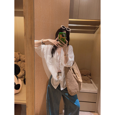 天丝亚麻/蕾丝边拼接薄料白衬衫