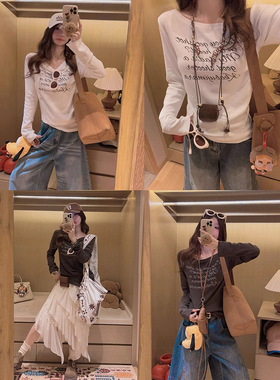 Yukiss【jennie同款！一字领/斜肩两穿字母修身T恤衫】