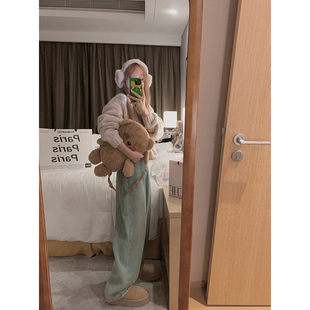 子 女秋冬高腰宽松显瘦小个子裤 YUKISS 复古蓝加绒阔腿直筒牛仔裤