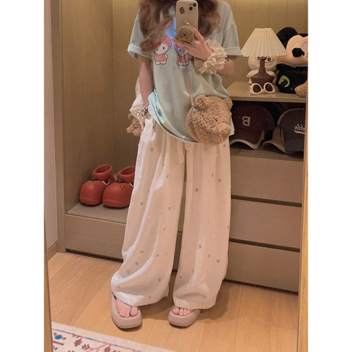 Yukiss 浅蓝色小个子阔腿直筒九分休闲裤女春韩系宽松显瘦灯笼裤