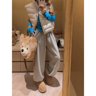 子 女秋冬韩系宽松高腰加绒裤 Yukiss小个子抽绳直筒阔腿休闲裤 卫裤