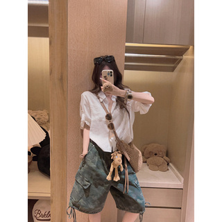 Yukiss 白色短款翻领亚麻衬衫上衣女夏小个子韩系宽松薄款防晒衫