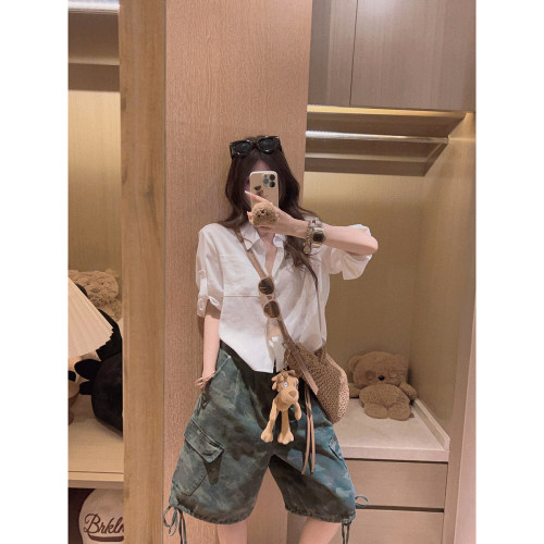 Yukiss 白色短款翻领亚麻衬衫上衣女夏小个子韩系宽松薄款防晒衫