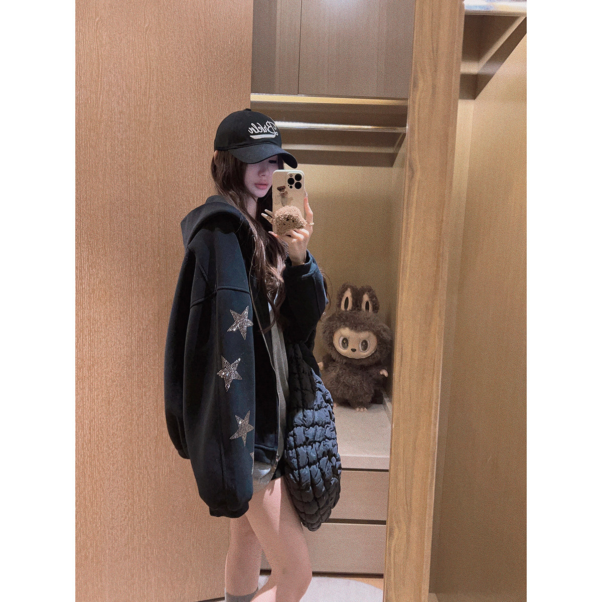 Yukiss 美式休闲星星烫钻连帽卫衣开衫外套女秋韩系宽松显瘦上衣