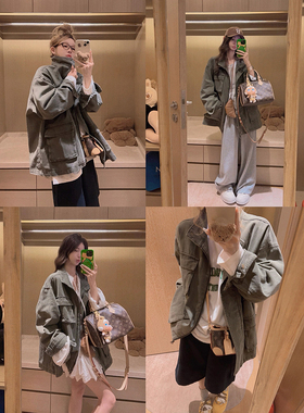 Yukiss【重工成衣洗水！做旧军绿色多口袋夹克外套】