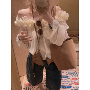 荷叶边一字肩雪纺上衣 窄肩星人冲 微胖救星 Yukiss