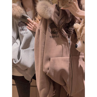 kt猫慵懒连帽加绒卫衣外套 Yukiss 全真貉子毛领