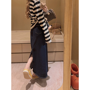 Yukiss 牛仔半身裙女秋韩系显腿长宽松直筒A字裙 小个子复古中长款