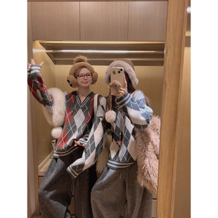 学院感菱格纹连帽毛衣 牛绒手感 露丝穿搭 Yukiss