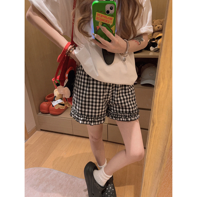 Yukiss下摆木耳花边格子短裤