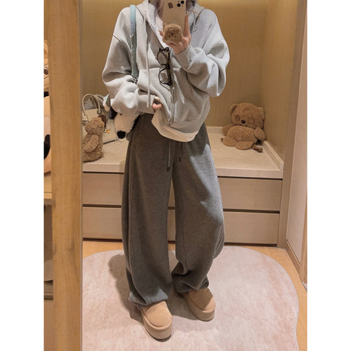 Yukiss 小个子加厚加绒直筒阔腿休闲裤女秋冬韩系宽松显瘦弯刀裤