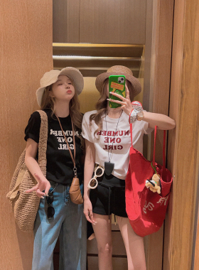 Yukiss 白色字母短款短袖T恤女夏韩系宽松遮肉显瘦时髦百搭打底衫