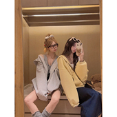 Yukiss 浅灰色时髦连帽卫衣外套女秋韩系小个子宽松显瘦拉链上衣