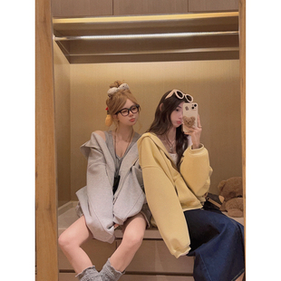 Yukiss 浅灰色时髦连帽卫衣外套女秋韩系小个子宽松显瘦拉链上衣