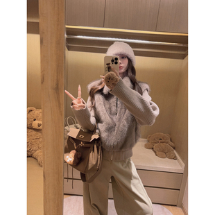 环保皮草毛毛短外套 翻领针织拼接袖 显瘦 Yukiss