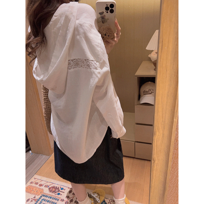 Yukiss【松弛凉快焊身上！蕾丝拼接/连帽亚麻人棉衬衫】
