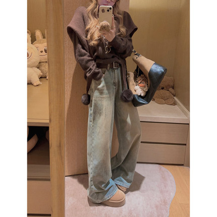 Yukiss 美式复古加绒高腰直筒阔腿牛仔裤女秋冬韩系宽松显瘦裤子