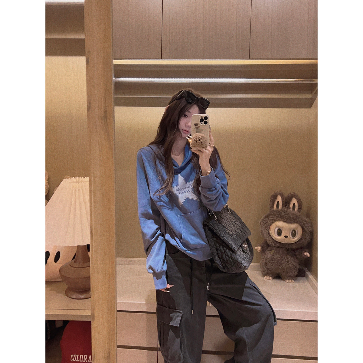 Yukiss 美式复古套头连帽卫衣外套女秋雾感蓝插肩袖宽松百搭上衣