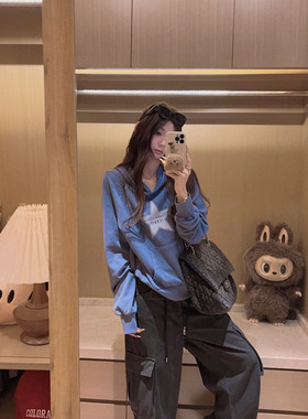 Yukiss 美式复古套头连帽卫衣外套女秋雾感蓝插肩袖宽松百搭上衣