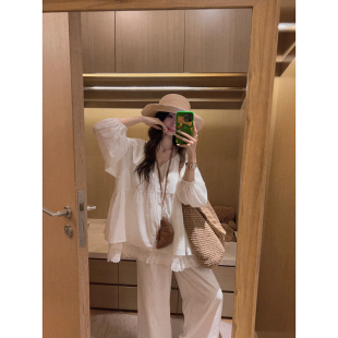 女秋韩系慵懒风宽松薄款 衬衫 百搭上衣 白色蕾丝拼接娃娃衫 Yukiss