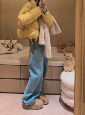 Yukiss 小个子加绒复古蓝色弯刀直筒牛仔裤女冬韩系宽松窄版裤子