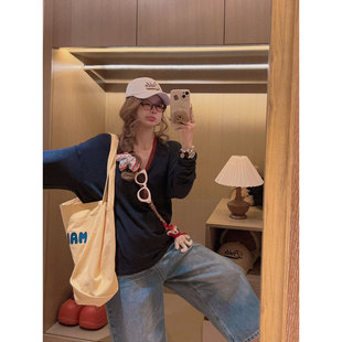 雪花亚麻棉V领上衣～ 领口两穿 撞色慵懒tee Yukiss