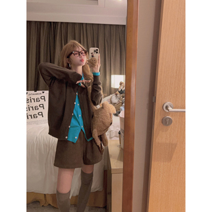 氛围感上衣 女冬韩系修身 Yukiss miu系复古撞色假两件羊毛针织开衫