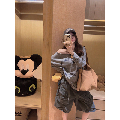 Yukiss 灰色竹节棉设计感斜肩长袖T恤女春韩系宽松显瘦防晒衫上衣