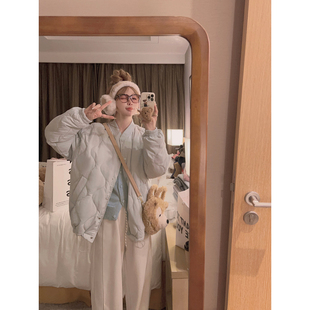 Yukiss浅蓝色90白鸭绒菱格羽绒服女冬宽松加厚软糯保暖小个子外套