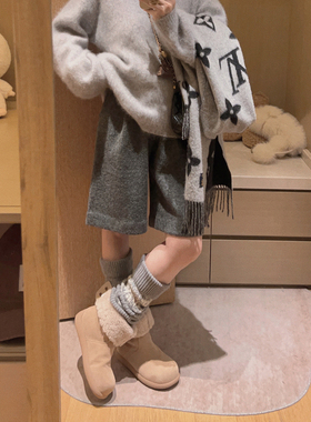 Yukiss 小个子加绒直筒阔腿羊毛针织短裤四分裤女冬灰色宽松裤子