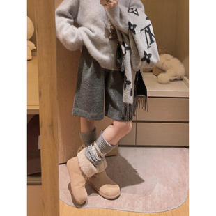 女冬灰色宽松裤 四分裤 子 小个子加绒直筒阔腿羊毛针织短裤 Yukiss