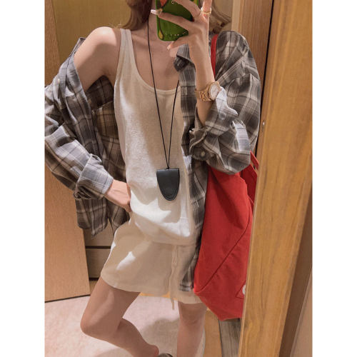 Yukiss 纸片人白色亚麻吊带背心女夏韩系宽松遮肉显瘦百搭打底衫