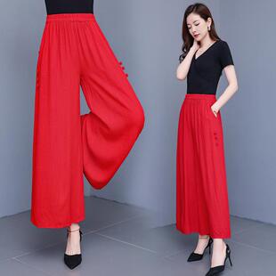 显瘦九分休闲裤 新款 女2025夏季 高腰直筒阔腿裤 民族风棉绸洋气裙裤