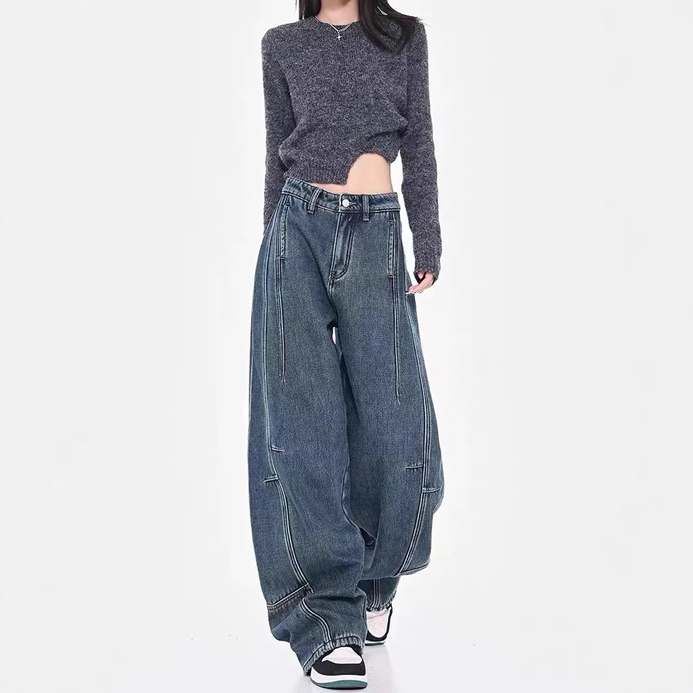 美式复古拼接弯刀牛仔裤情侣款春秋阔腿水洗宽松深色休闲香蕉裤女