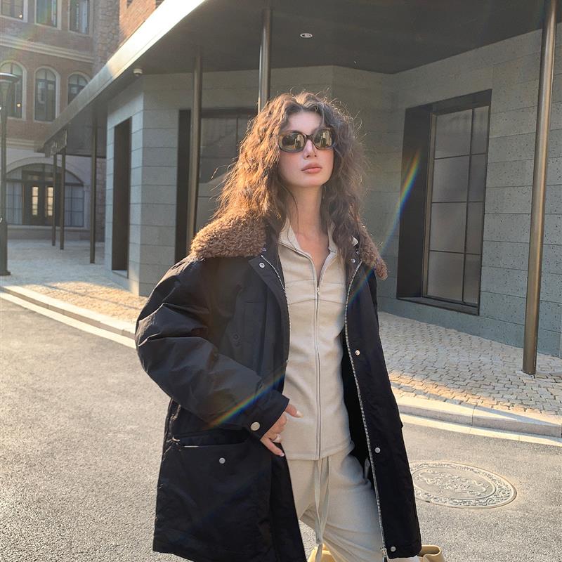 NEIHE内赫2025卷毛领抽绳中长款90白鸭绒派克羽绒服女冬季257205