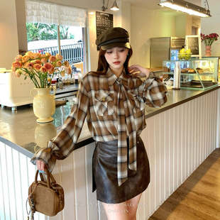 2025秋复古格纹港风polo领休闲宽松双口袋微喇衬衫 topchanlin 女