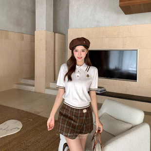 2025秋m系学院风polo领小熊徽章撞色条纹收腰针织衫 topchanlin 女