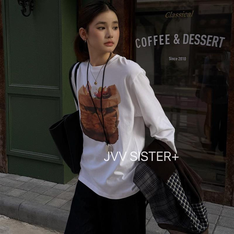 JVV十三行2025冬季新款时尚印花图案宽松长袖上衣百搭T恤女71787