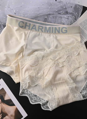 奶油色~性感蕾丝边情侣内裤一男一女中腰舒适夫妻内衣套装纯棉裆