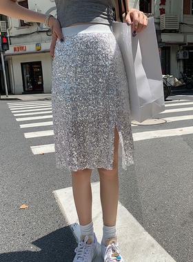 W花花家中长款高腰亮片半身裙女开叉设计感A字网纱过膝裙子Alice