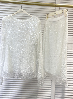 2025春季新款 白色亮片圆领长袖上衣女高腰裙套装裙气质两件套